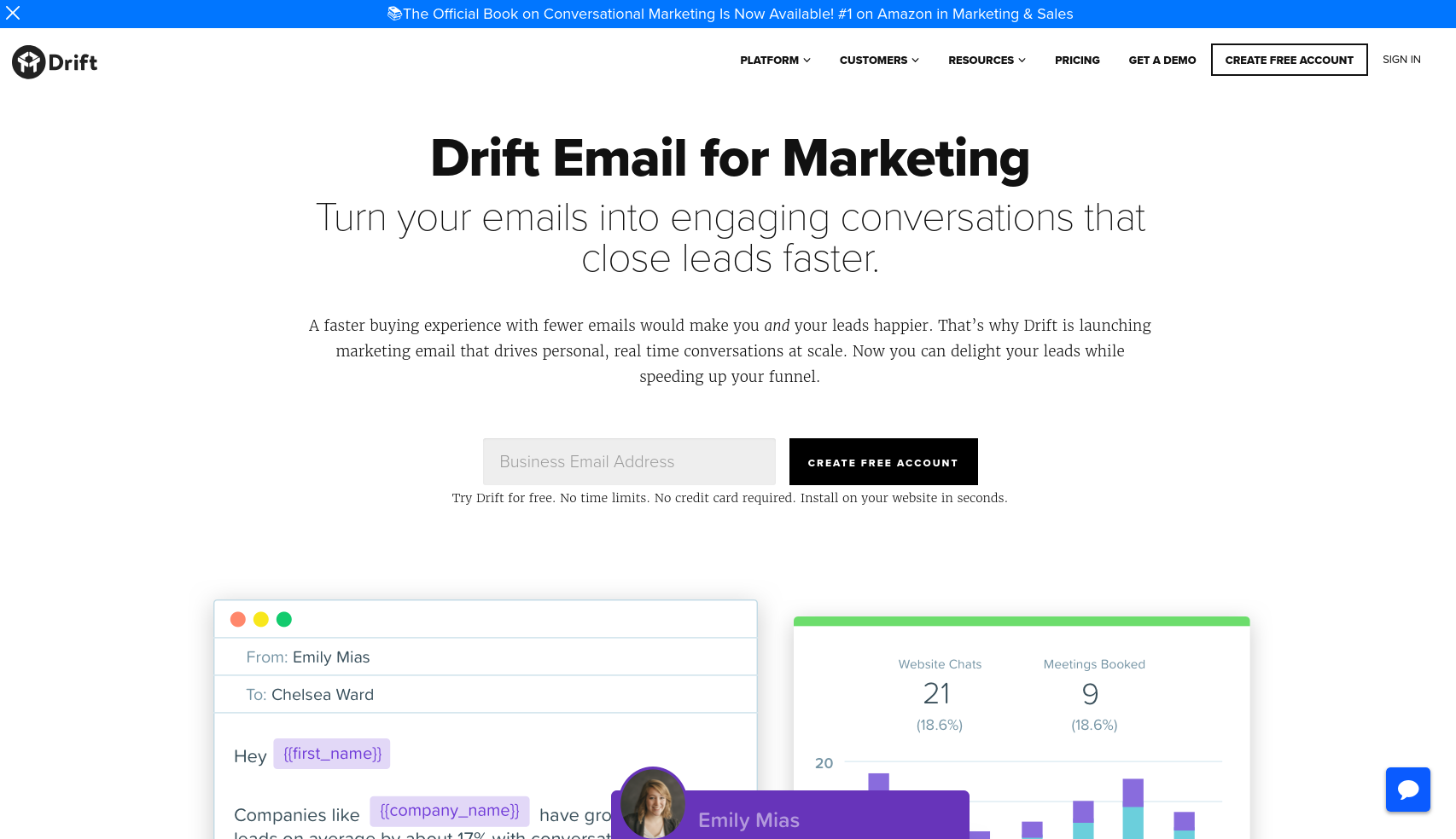 Drift for email marketing product marketing tool landing page